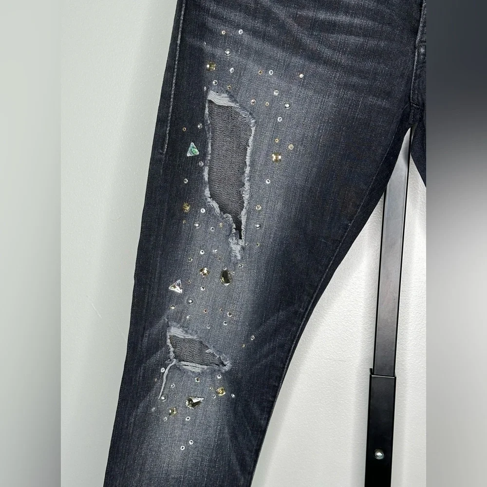 True Religion Women's Low Rise Relaxed Skinny Jeans with Rhinestones distressed